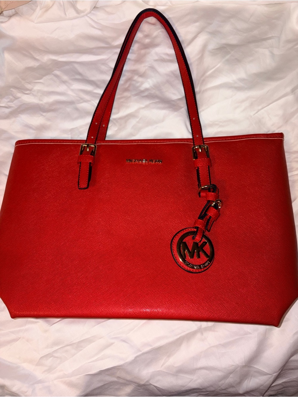 Michael Kors Red Saffiano Leather Tote with MK Charm